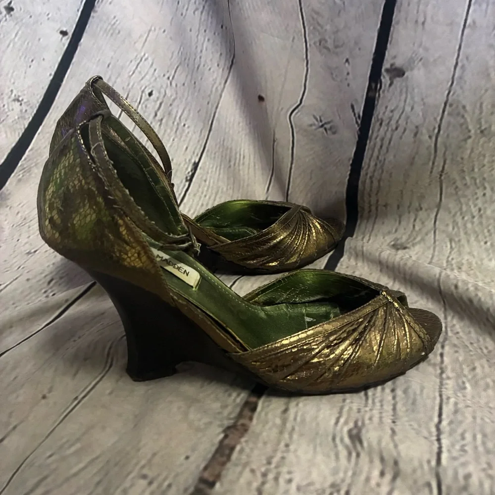 Y2K VTG Steve Madden Throb‎ Metallic Bronze Snake Print Wavy Wedges Sz 7.5 AS IS